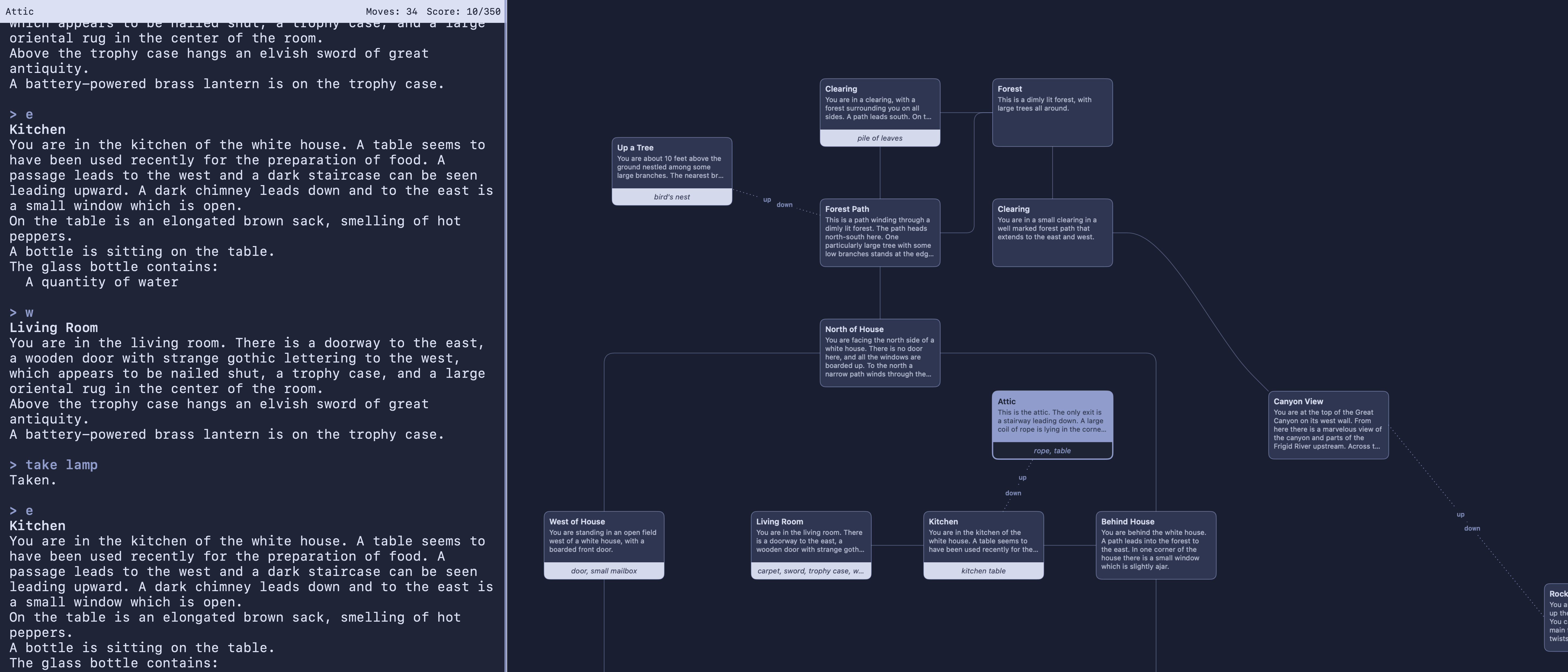 Cairn desktop interface showing an interactive fiction session with navigation and mapping panels.
